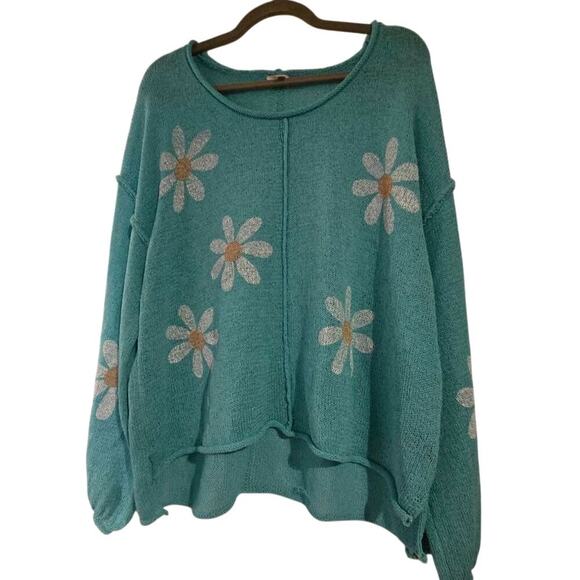 POL Katrina Daisy Knit Sweater Light Blue Open Weave Boho Embroidered Top M - Picture 3 of 4